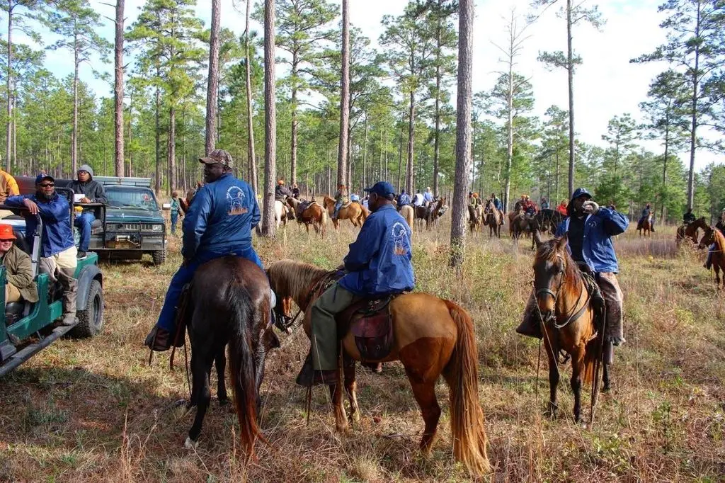 Club riders gathered in the pines between braces