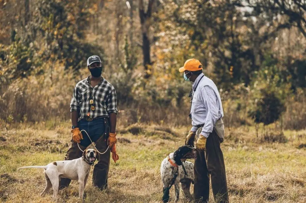 Two handlers with their dogs talking between braces, masks on