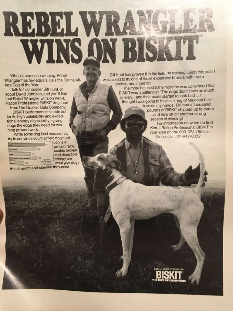 Ken-L Ration BISKIT magazine ad featuring Rebel Wrangler with handler Bill Hunt and scout David Johnson