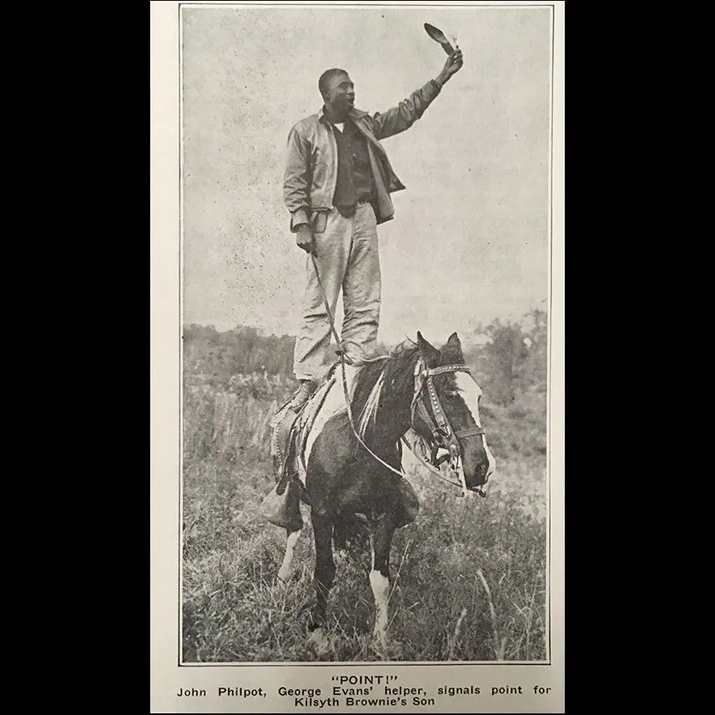 Book plate — “Point!” John Philpot, George Evans’ helper, signals point standing on his horse