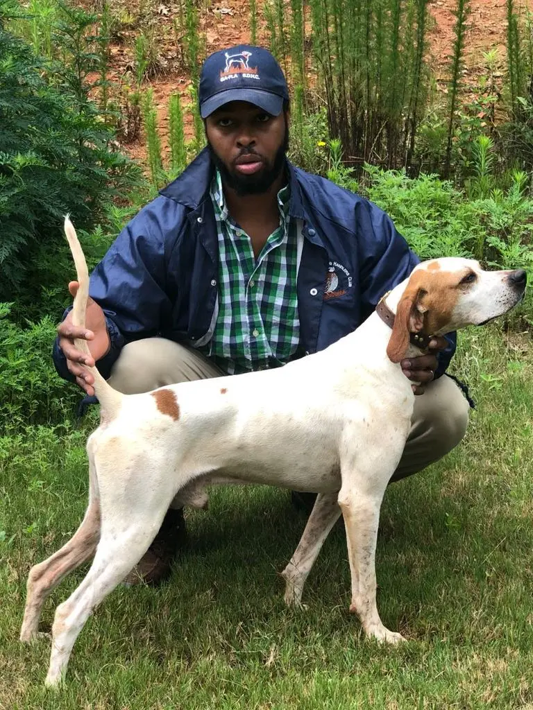 Posed portrait in club colors with the pointer styled up in the greenup